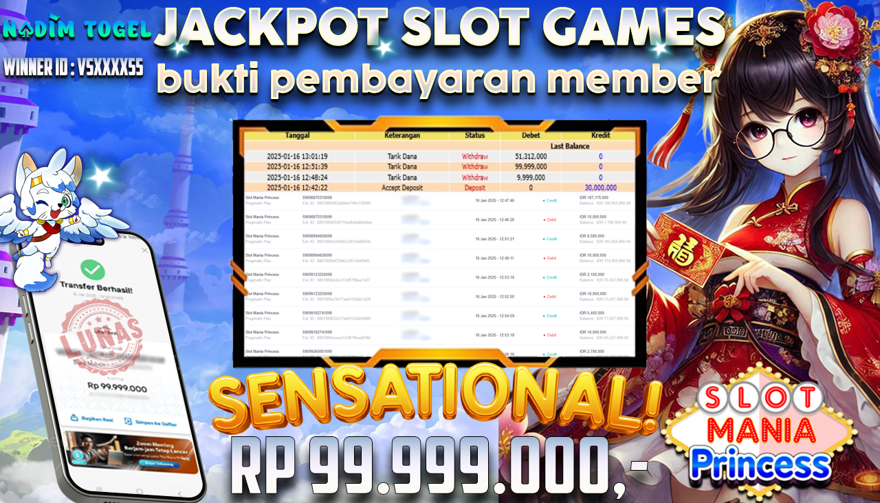 NADIMTOGEL JACKPOT SLOT MANIA PRINCESS Rp.99.999.000,- LUNAS