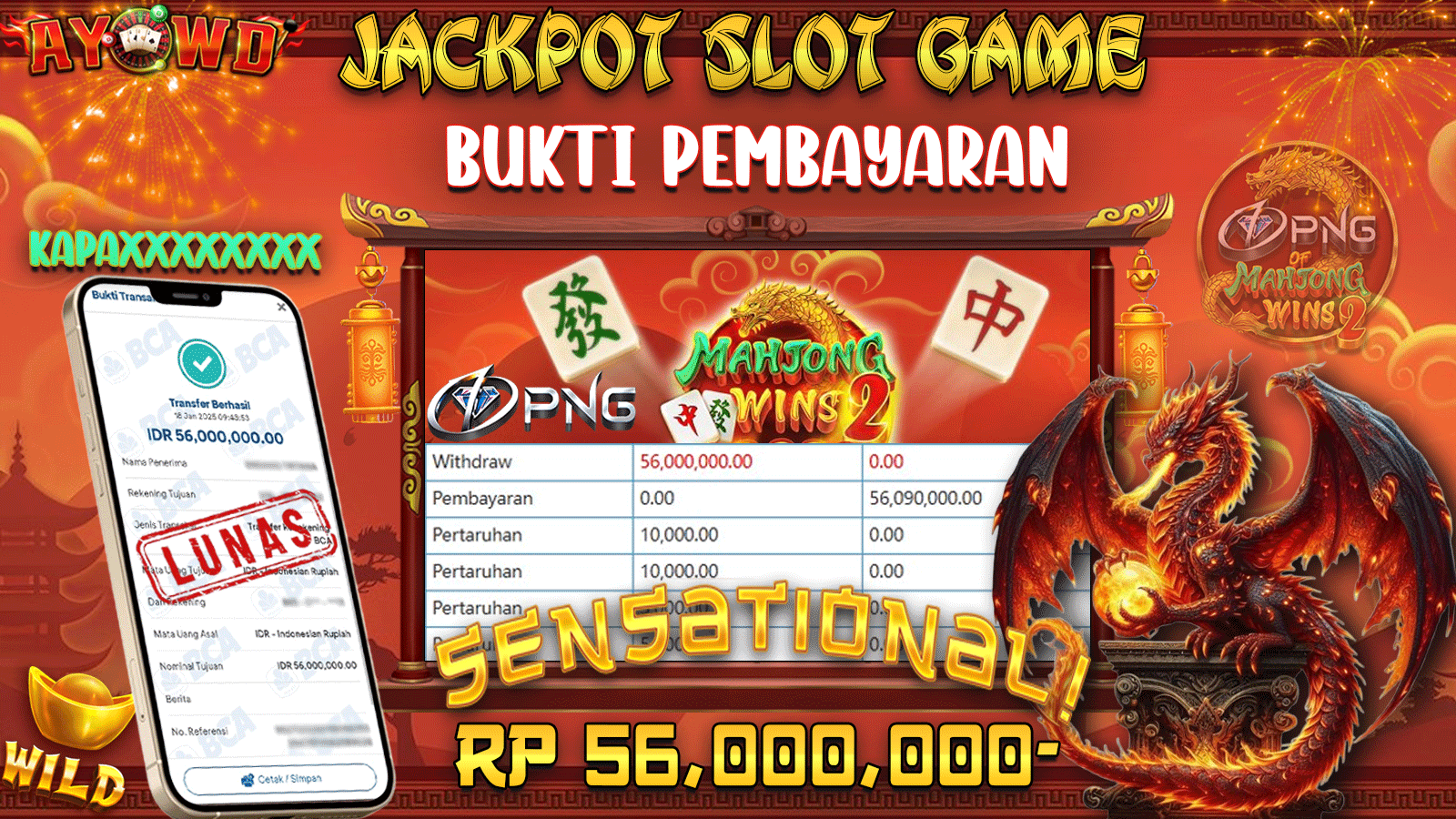 AYOWD JACKPOT SLOT GAME PP-PNG Of Mahjong Wins 2 Rp 56,000,000 LUNAS