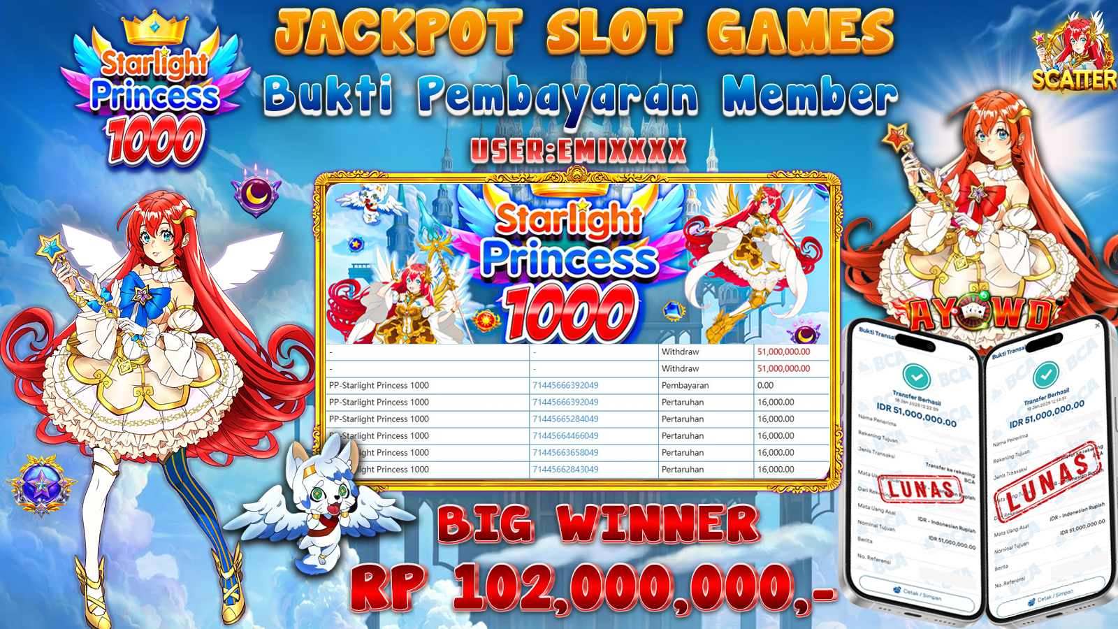 AYOWD JACKPOT SLOT GAME PP-STARLIGHT PRINCESS 1000 Rp 102,000,000 LUNAS