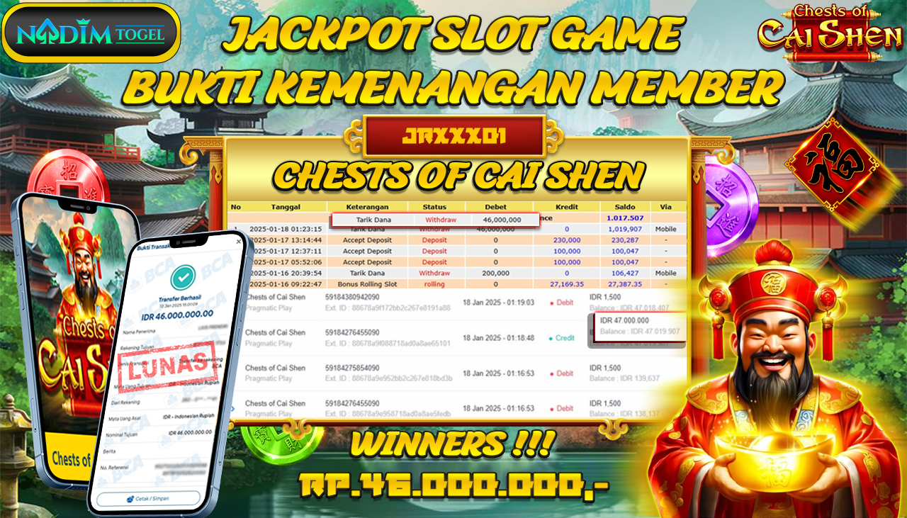 NADIMTOGEL JACKPOT SLOT CHESTS OF CAI SHEN Rp 46,000,000,- LUNAS