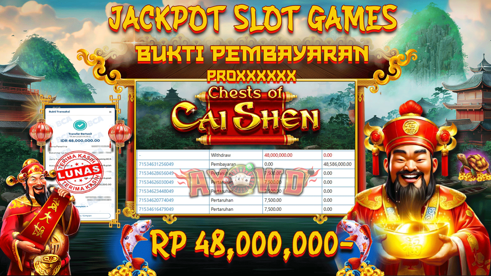 AYOWD JACKPOT SLOT GAME PP-CHESTS OF CAI SHEN Rp 48,000,000 LUNAS