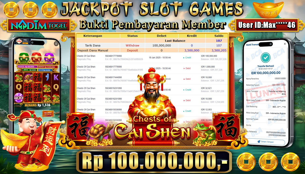 NADIMTOGEL JACKPOT SLOT CHESTS OF CAI SHEN Rp 100.000.000,- LUNAS