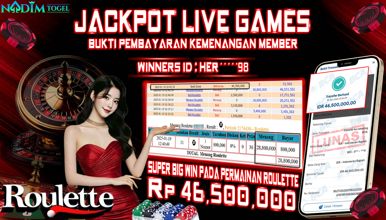 NADIMTOGEL JACKPOT LIVE GAMES ROULETTE Rp.46,500,000,- LUNAS