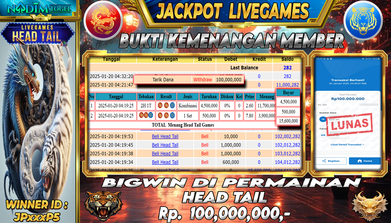 NADIMTOGEL JACKPOT LIVEGAMES HEAD TAIL Rp 100.000.000,- LUNAS