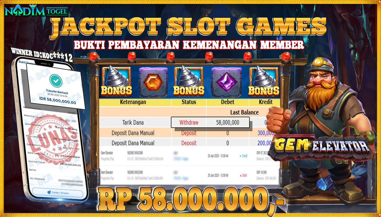 NADIMTOGEL JACKPOT SLOT GEM ELEVATOR Rp 58.000.000,- LUNAS