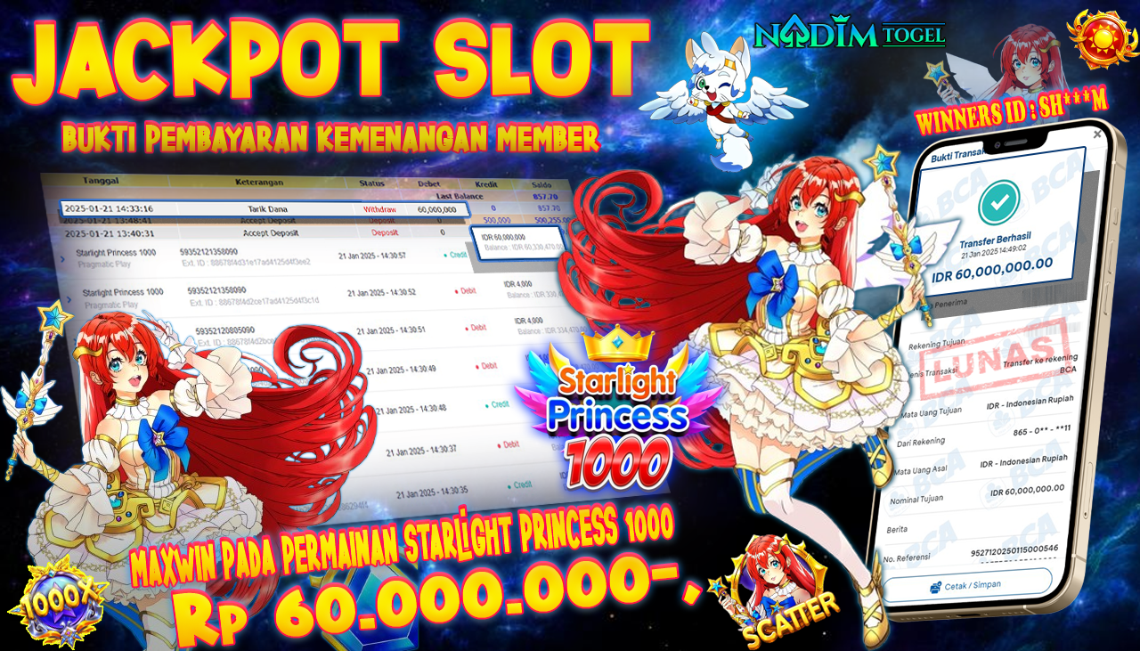 NADIMTOGEL JACKPOT SLOT STARLIGHT PRINCESS 1000  Rp 60,000,000,- LUNAS
