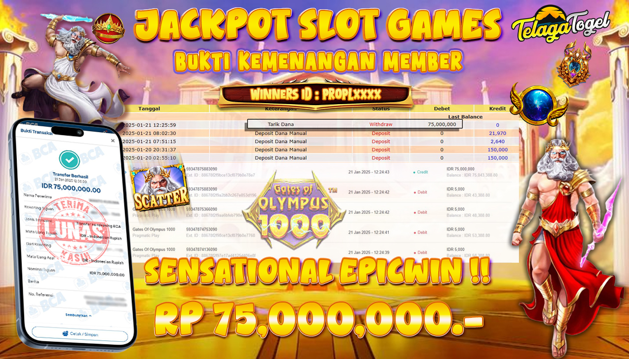 TELAGATOGEL JACKPOT SLOT GATES OF OLYMPUS 1000 Rp 75,000,000,- LUNAS