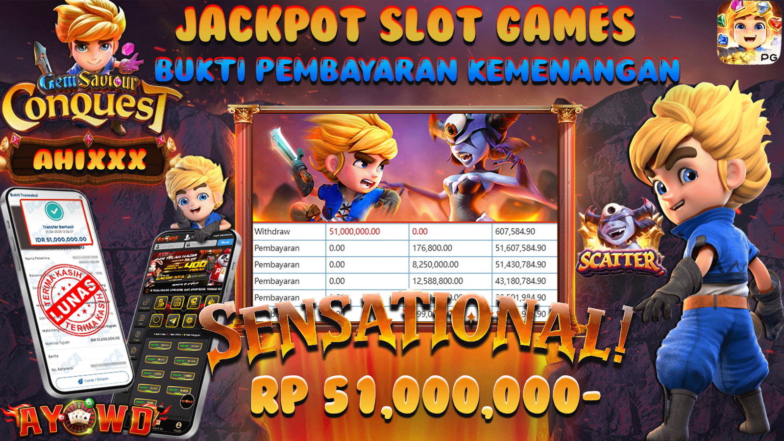 AYOWD JACKPOT SLOT GAMES PG-GEM SAVIOUR CONQUEST Rp 51,000,000 LUNAS