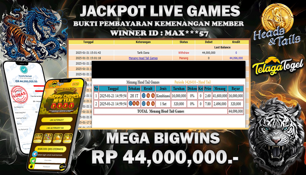 TELAGATOGEL JACKPOT LIVE GAMES HEAD TAIL Rp 44,000,000,- LUNAS