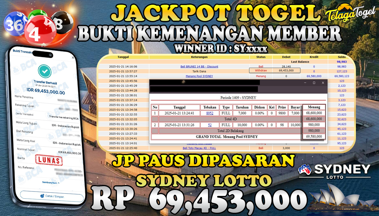 TELAGATOGEL JACKPOT TOGEL SYDNEY LOTTO Rp 69,453,000,- LUNAS