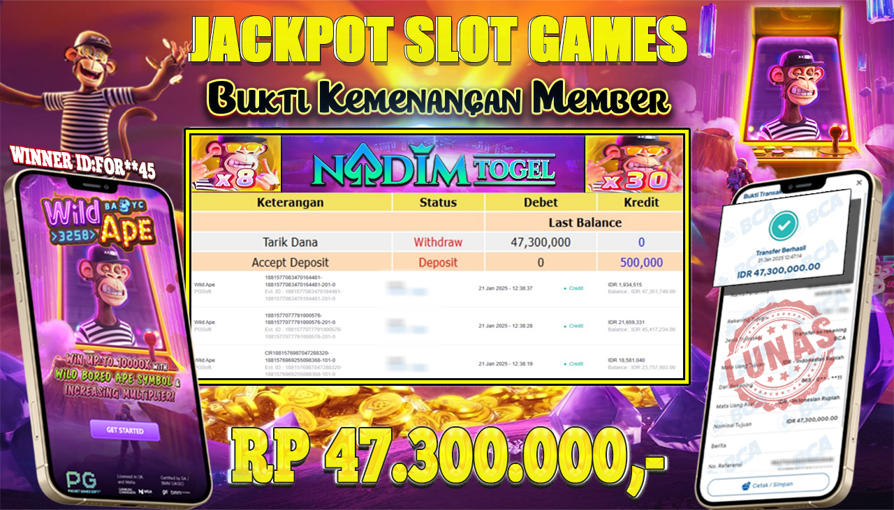 NADIMTOGEL JACKPOT SLOT Wild Ape Rp 47.300.000,- LUNAS