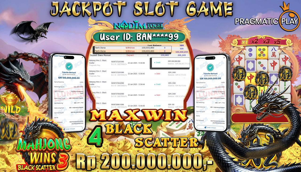 NADIMTOGEL JACKPOT SLOT MAHJONG WAYS WIN-3 BLACK SCATTER Rp 200,000,000,- LUNAS