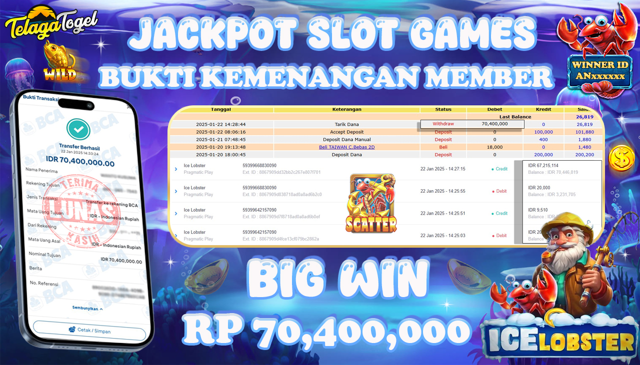 TELAGATOGEL JACKPOT SLOT ICE LOBSTER Rp 70,400,000,- LUNAS