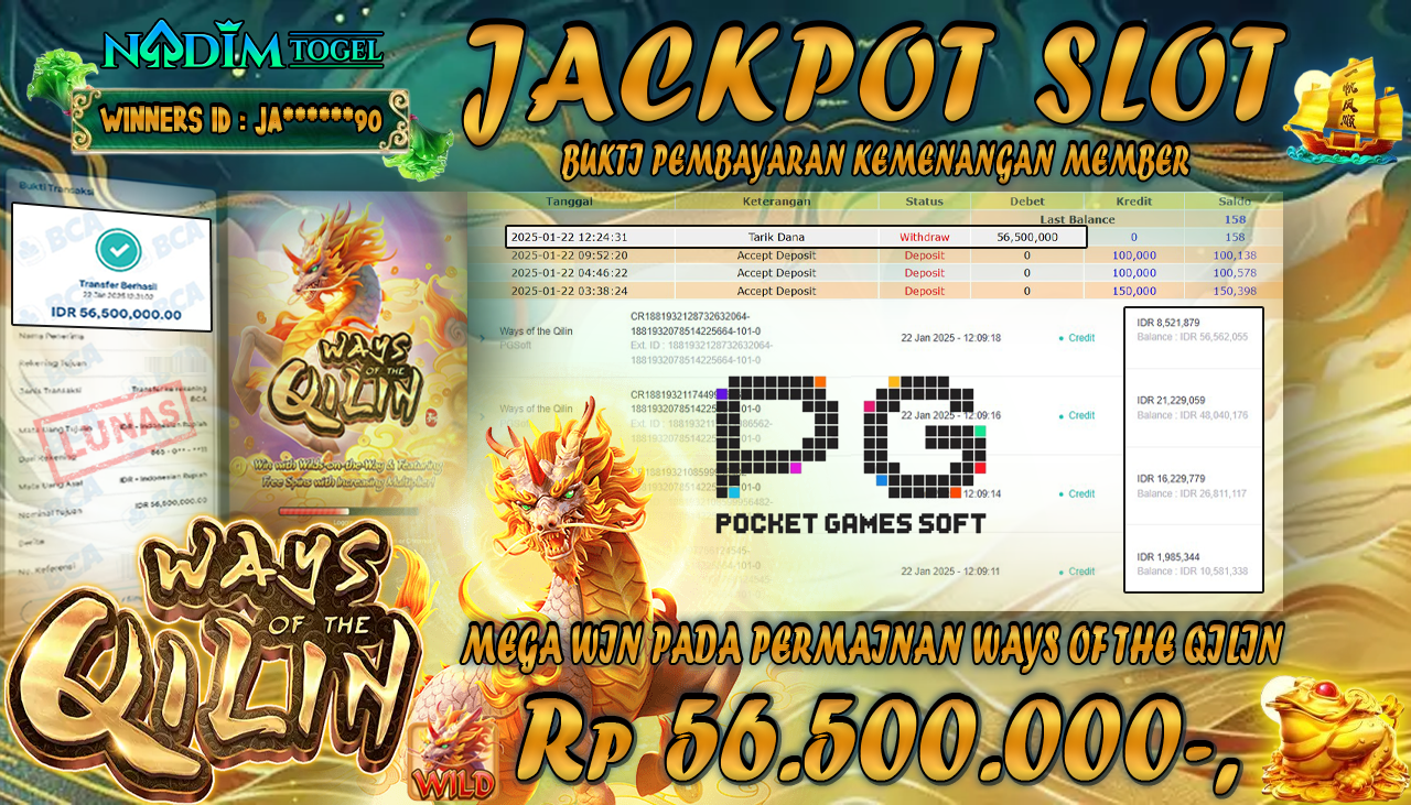 NADIMTOGEL JACKPOT SLOT WAYS OF THE QILIN Rp 56,500,000,- LUNAS