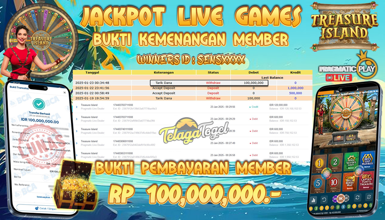 TELAGATOGEL JACKPOT LIVE GAMES TREASURE ISLAND - PRAGMATIC LIVE DEALER Rp 100,000,000,- LUNAS