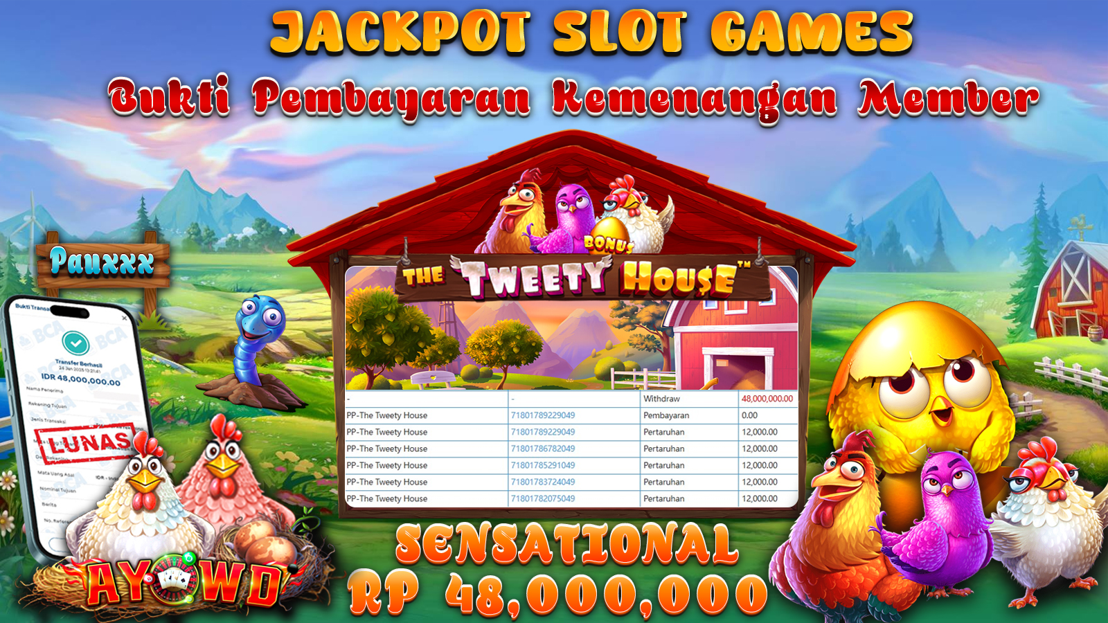 AYOWD JACKPOT SLOT GAMES PP-THE TWEETY HOUSE Rp 48,000,000 LUNAS