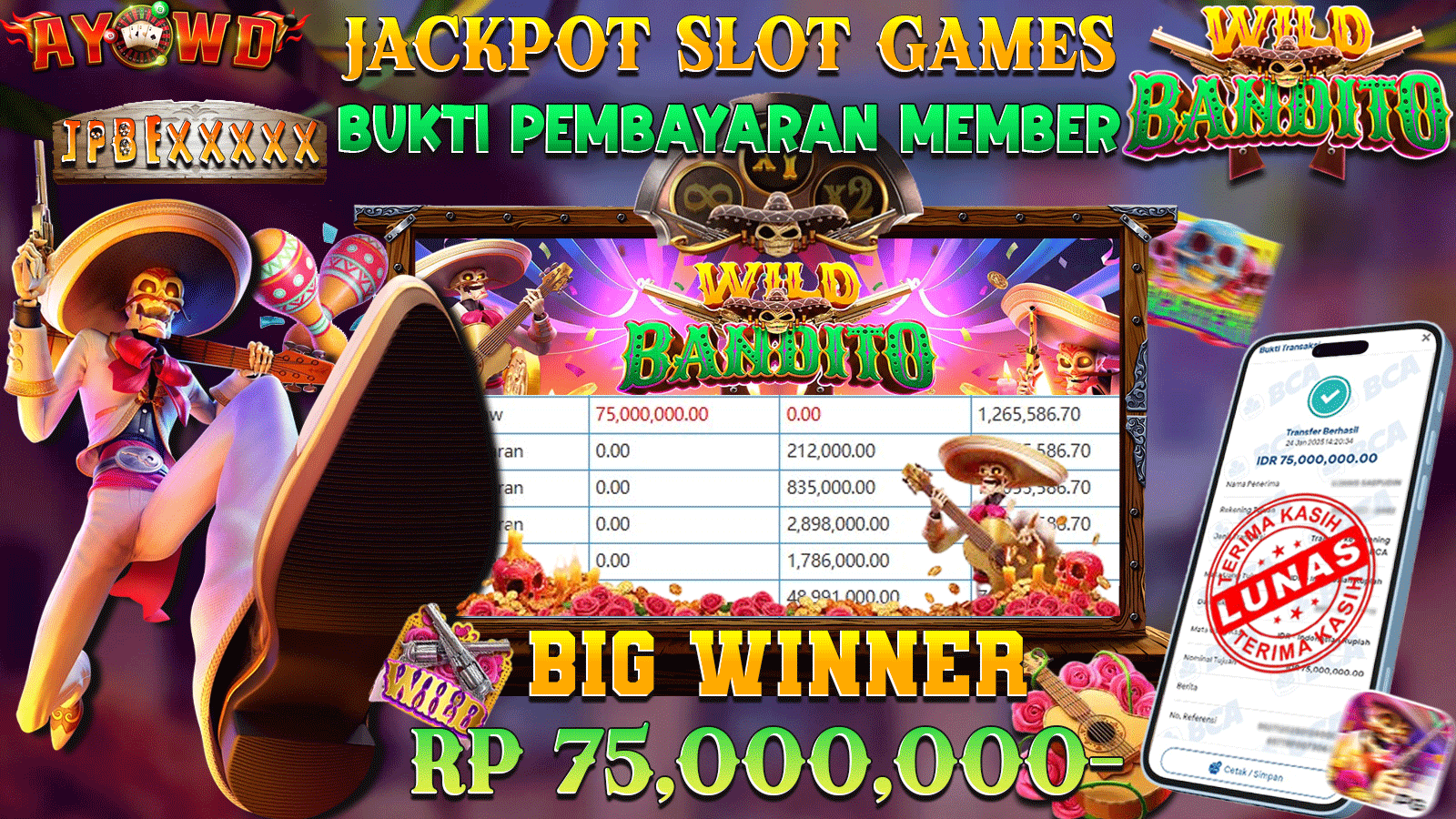 AYOWD JACKPOT SLOT GAMES PG-WILD BANDITO Rp 75,000,000 LUNAS