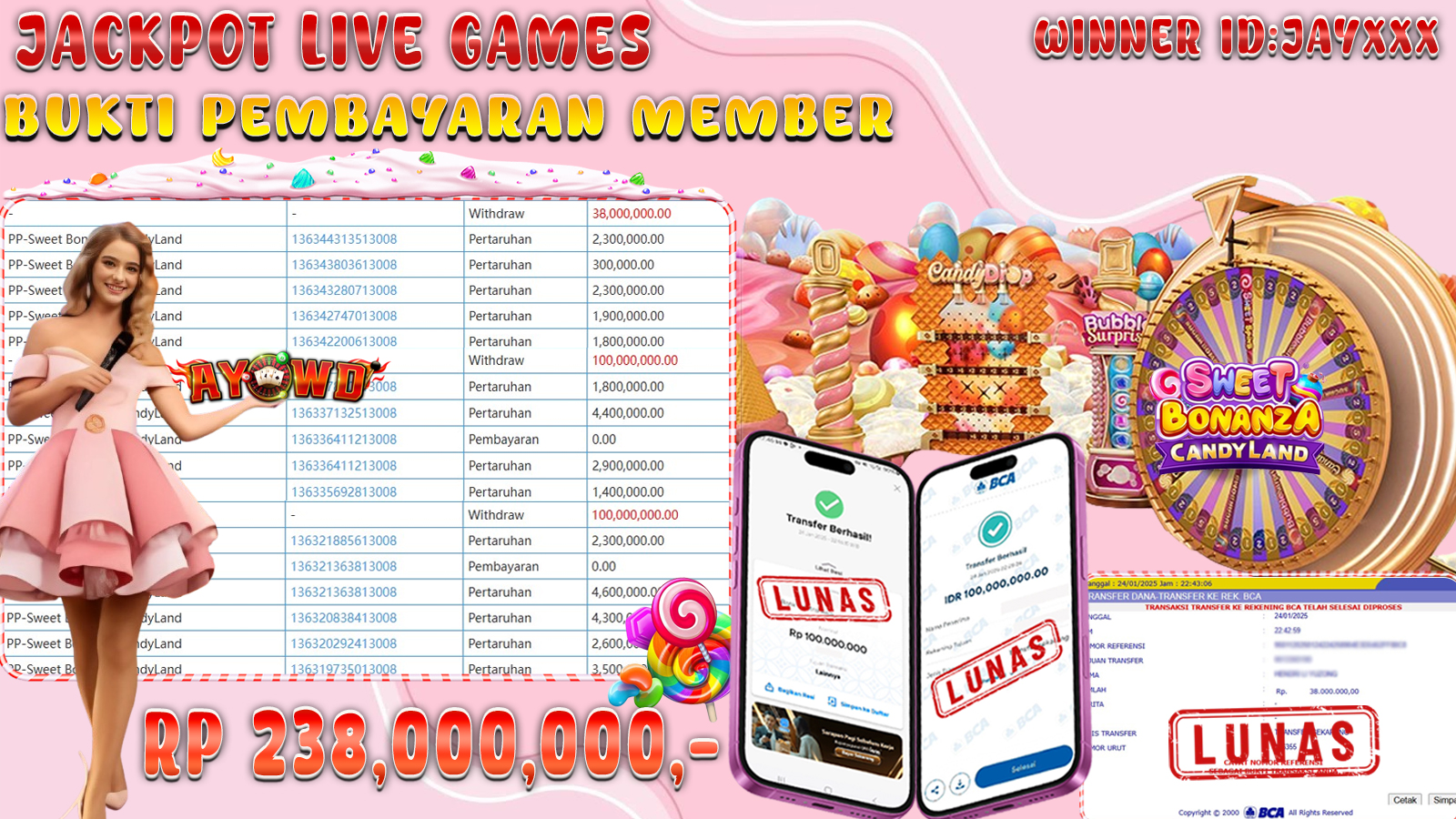 AYOWD JACKPOT LIVE GAMES PP-SWEET BONANZA CANDY LAND Rp 238,000,000 LUNAS