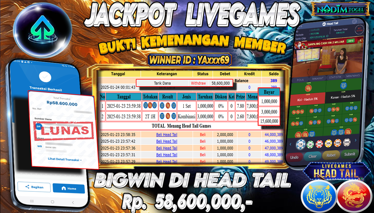 NADIMTOGEL JACKPOT LIVE GAMES HEAD TAIL Rp 58,600,000,- LUNAS