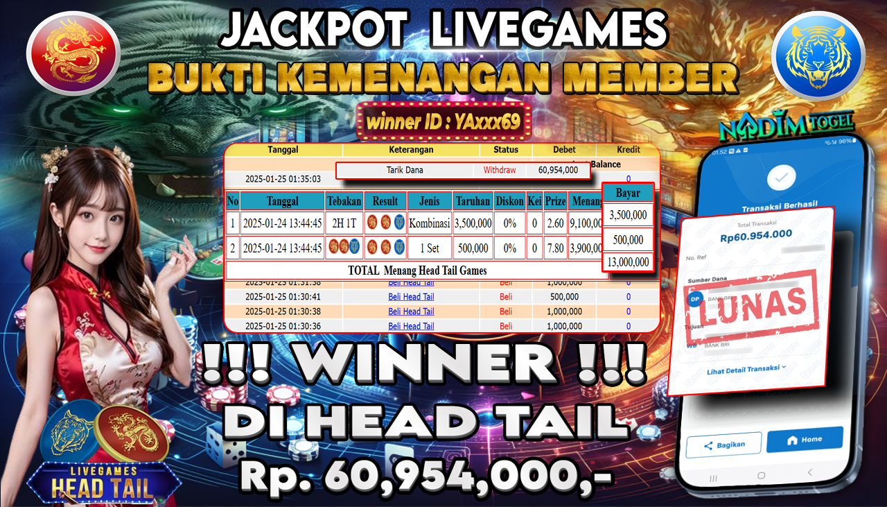 NADIMTOGEL JACKPOT LIVE GAMES HEAD TAIL Rp 60,954,000,- LUNAS