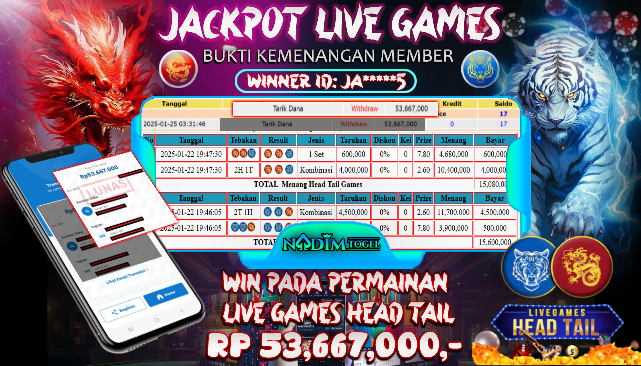 NADIMTOGEL JACKPOT LIVE GAMES HEAD FAIL Rp.53,667,000,- LUNAS