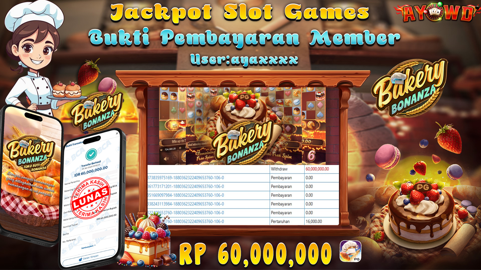 AYOWD JACKPOT SLOT GAMES PG-BAKERY BONANZA Rp 60,000,000LUNAS