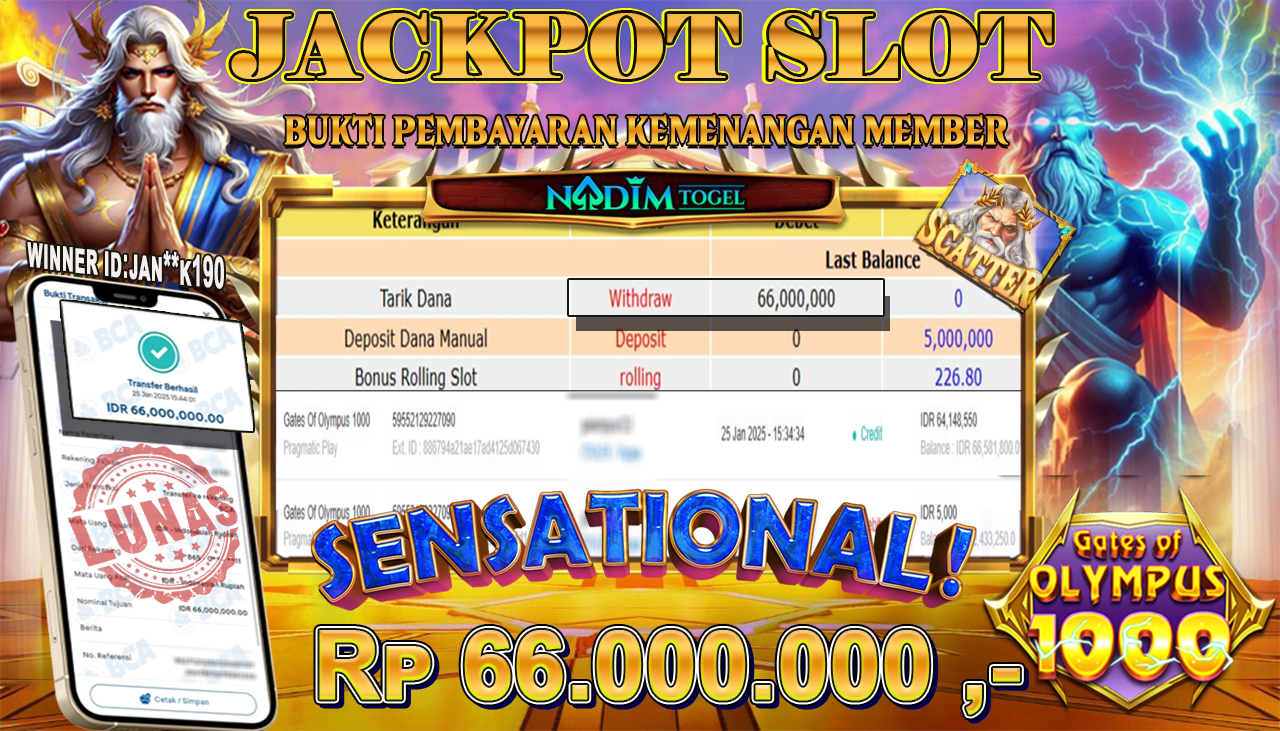 NADIMTOGEL JACKPOT SLOT GATES OF OLYMPUS 1000 Rp 66,000,000,- LUNAS