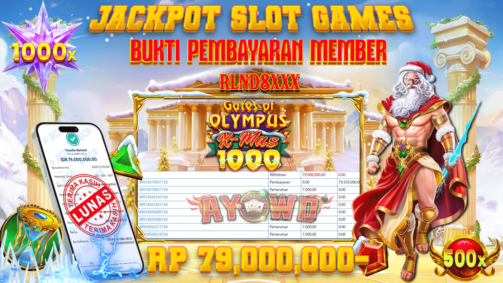 AYOWD JACKPOT SLOT GAMES PP-GATES OF OLYMPUS XMAS 1000 Rp 79,000,000LUNAS