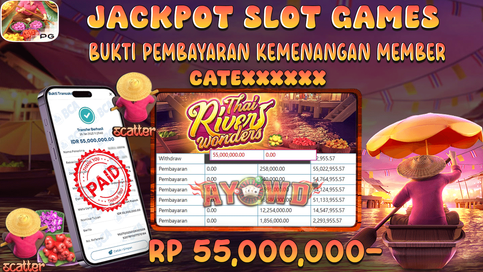 AYOWD JACKPOT SLOT GAMES PG-THAI RIVER WONDERS Rp 55,000,000 LUNAS