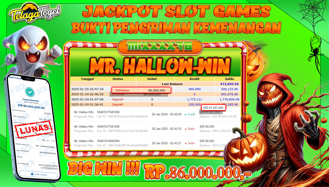 TELAGATOGEL JACKPOT SLOT GAME MR. HALLOW-WIN Rp 86,000,000,- LUNAS