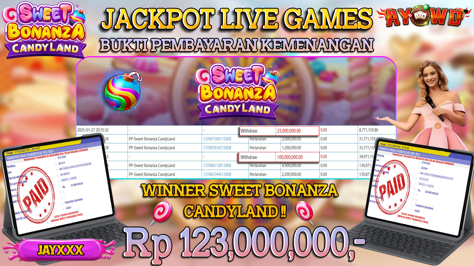 AYOWD JACKPOT LIVE GAMES PP-SWEET BONANZA CANDY LAND Rp 123,000,000 LUNAS