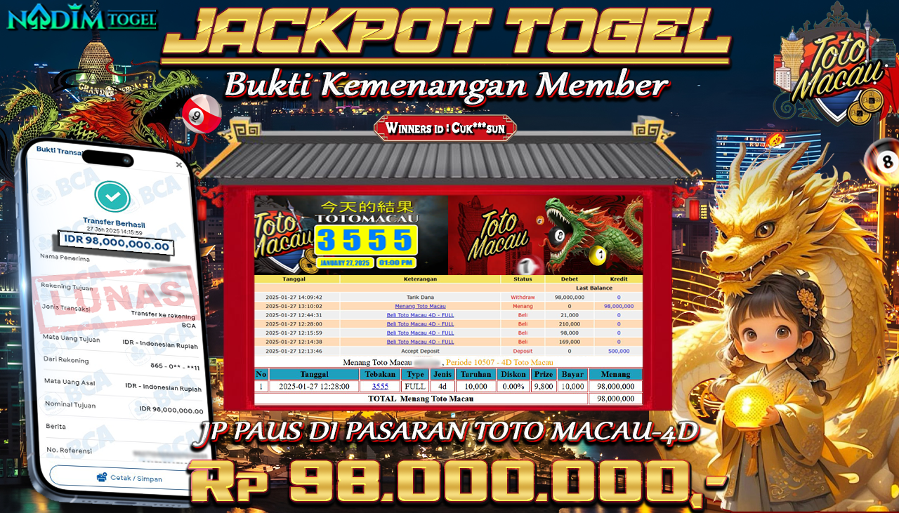NADIMTOGEL JACKPOT TOGEL PASARAN TOTOMACAU-4D Rp 98.000.000,- LUNAS