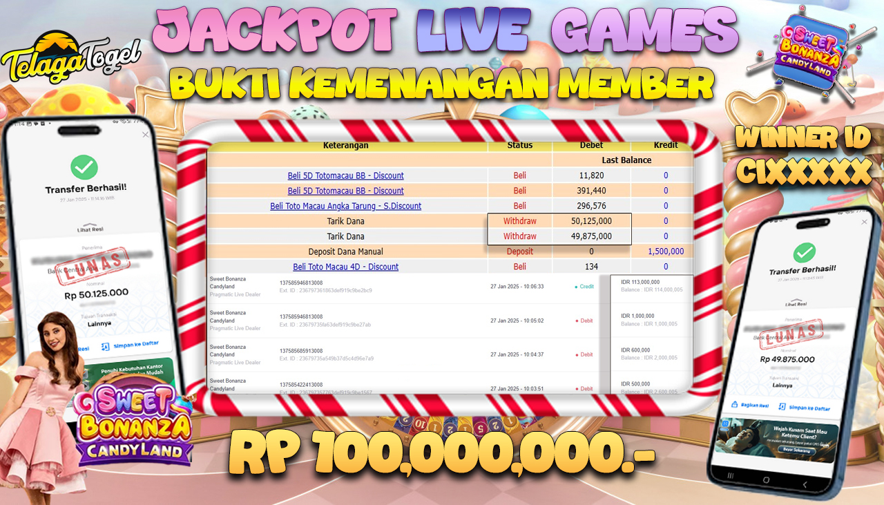 TELAGATOGEL JACKPOT LIVE GAMES SWEET BONANZA CANDYLAND Rp 100,000,000,- LUNAS