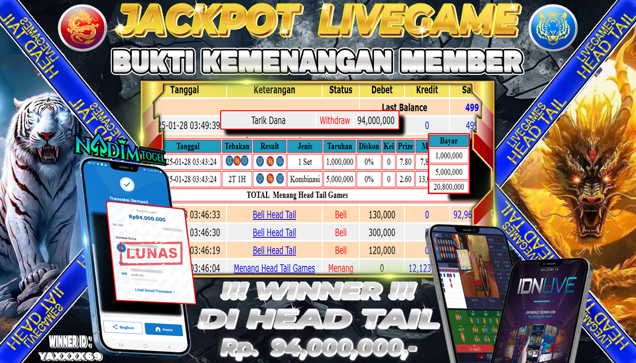 NADIMTOGEL JACKPOT LIVE GAMES HEAD TAIL Rp 94,000,000,- LUNAS