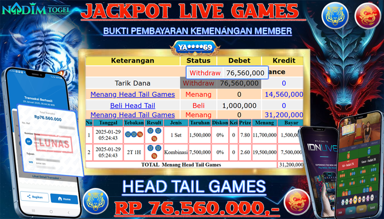 NADIMTOGEL JACKPOT LIVE GAMES HEAD TAIL Rp 76,560,000,- LUNAS