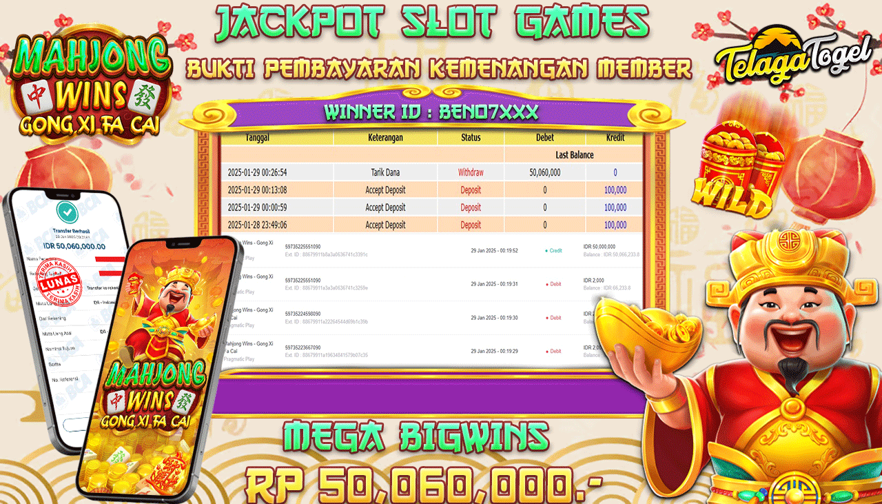TELAGATOGEL JACKPOT SLOT MAHJONG WINS GONG XI FA CAI Rp 50,060,000,- LUNAS