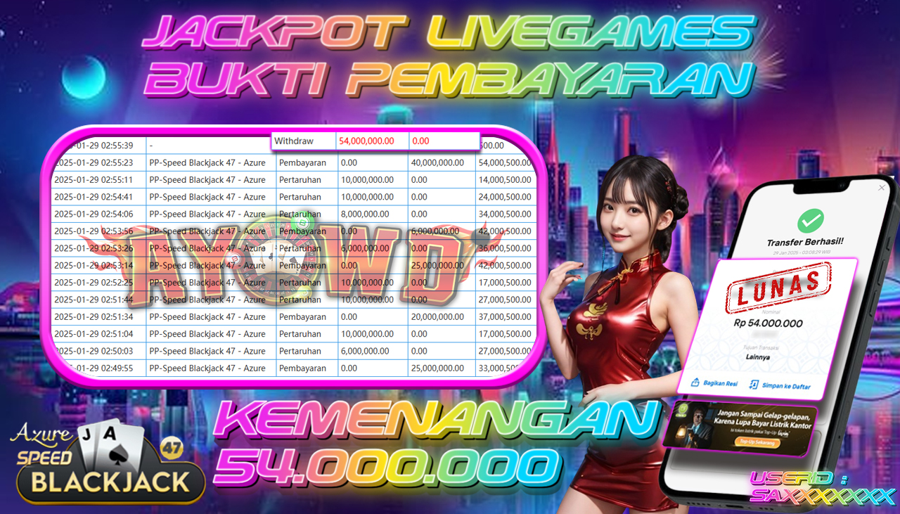 AYOWD JACKPOT LIVE GAME PP-Speed Blackjack 47 - Azure Rp 54,000,000 LUNAS