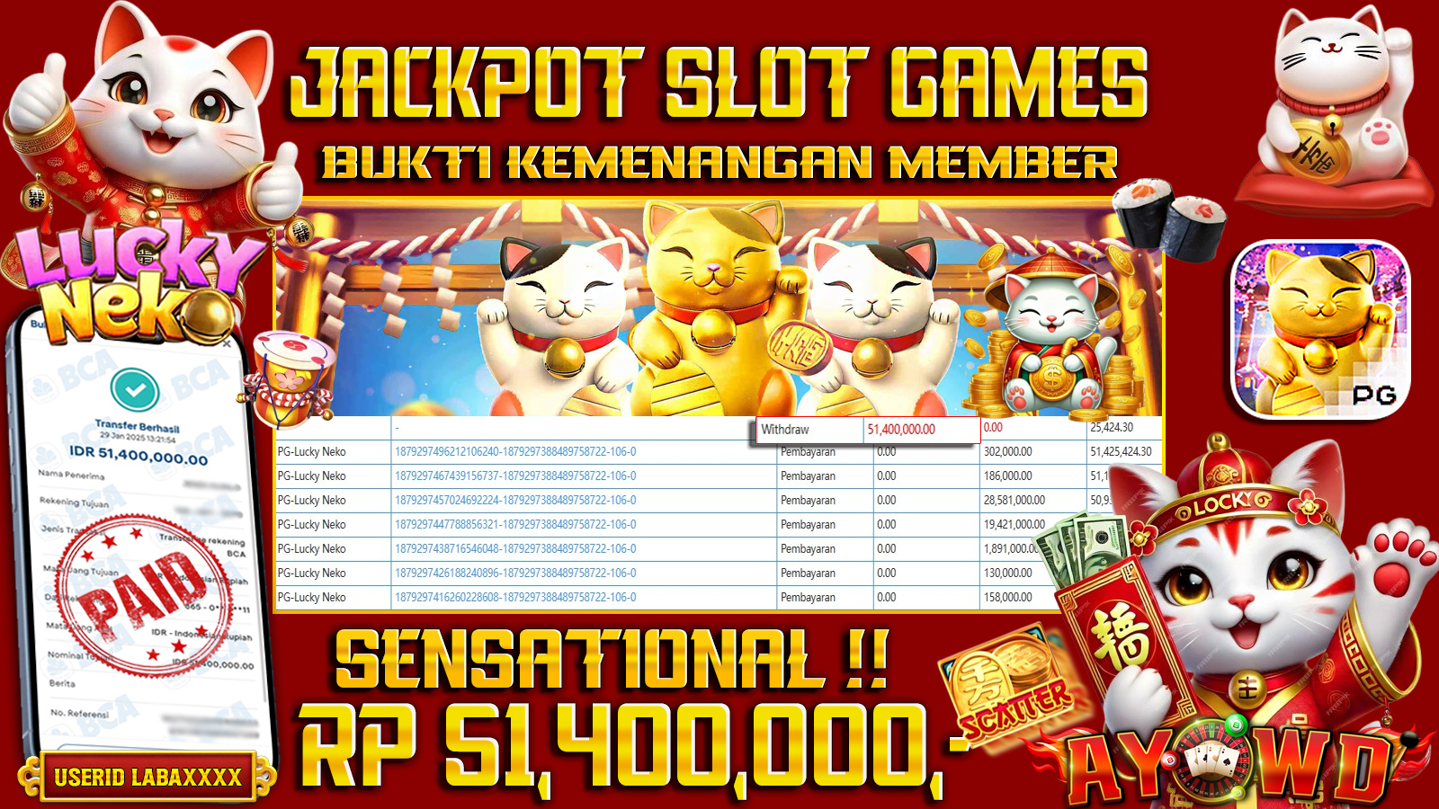 AYOWD JACKPOT SLOT GAMES PG-LUCKY NEKO Rp 51,400,000 LUNAS
