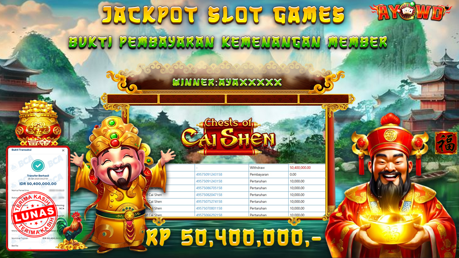 AYOWD JACKPOT SLOT GAMES PP-CHESTS OF CAI SHEN Rp 50,400,000 LUNAS