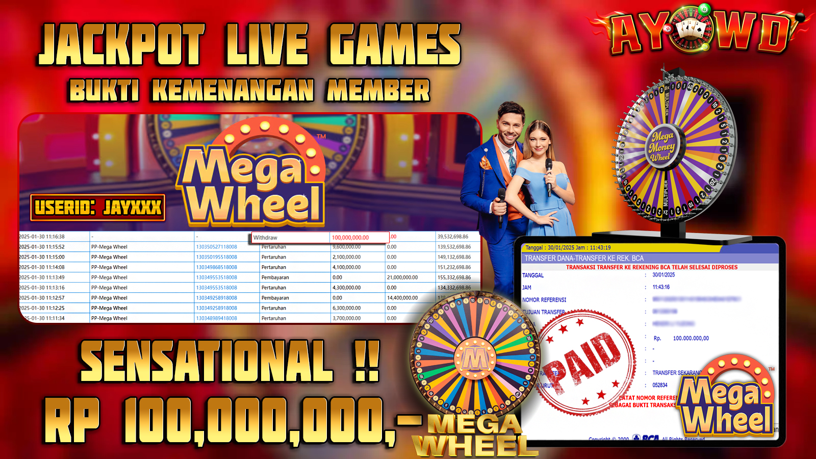 AYOWD JACKPOT LIVE GAMES PP-Mega Wheel Rp 100,000,000 LUNAS