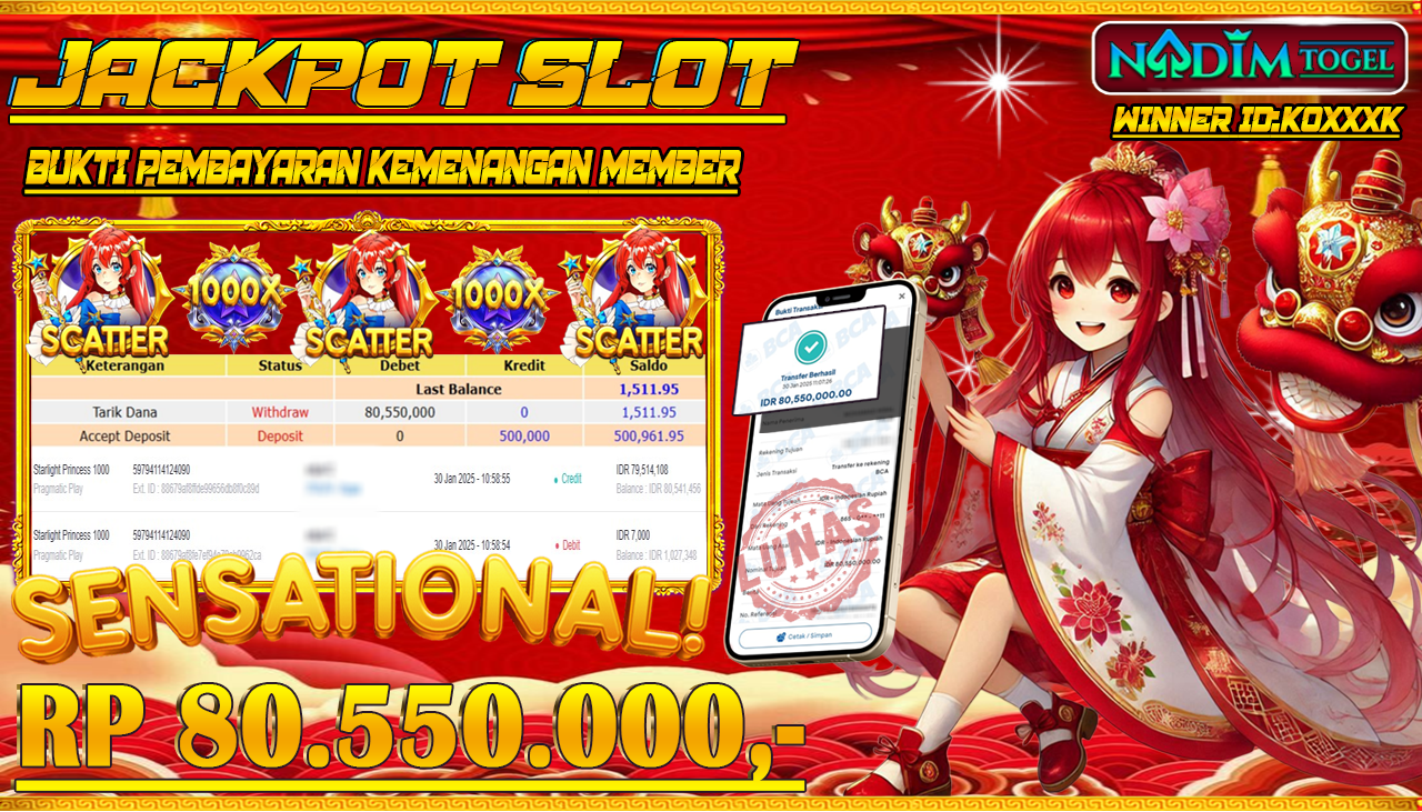 NADIMTOGEL JACKPOT SLOT Starlight Princess 1000 Rp 80,550,000,- LUNAS