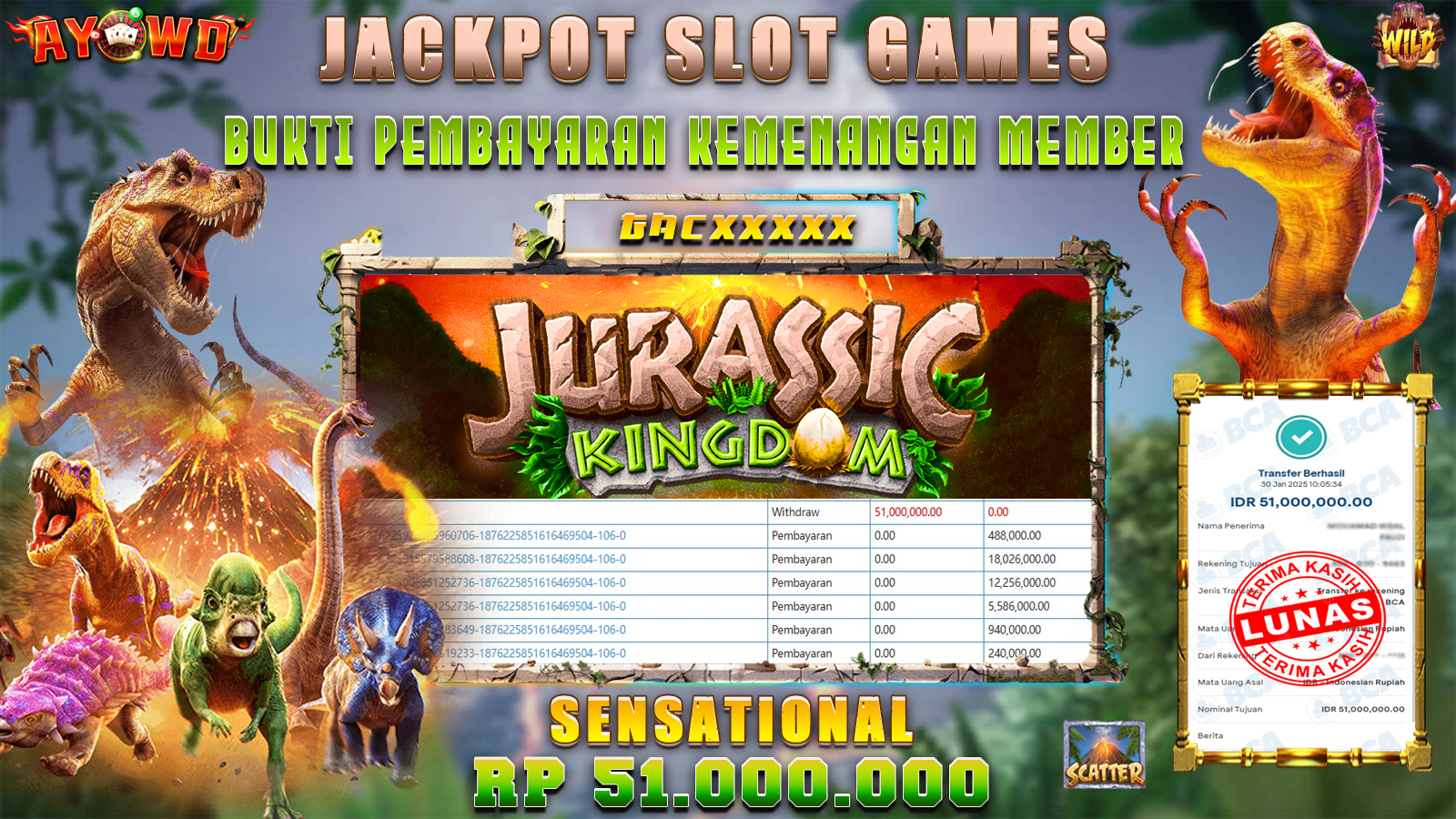 AYOWD JACKPOT SLOT GAMES PG-JURASSIC KINGDOM Rp 51,000,000 LUNAS
