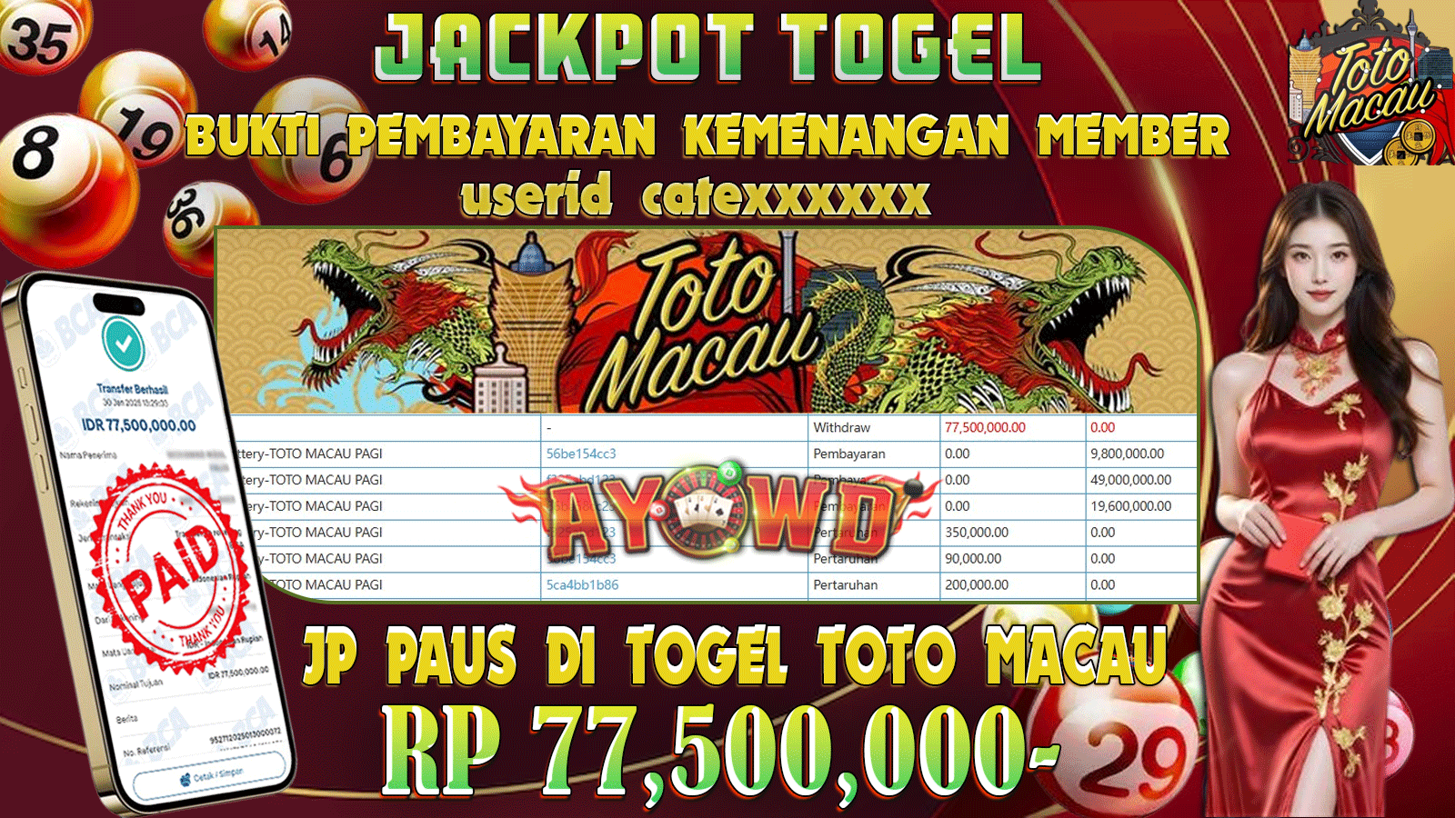 AYOWD JACKPOT TOGEL TOTO MACAU Rp 77,500,000 LUNAS