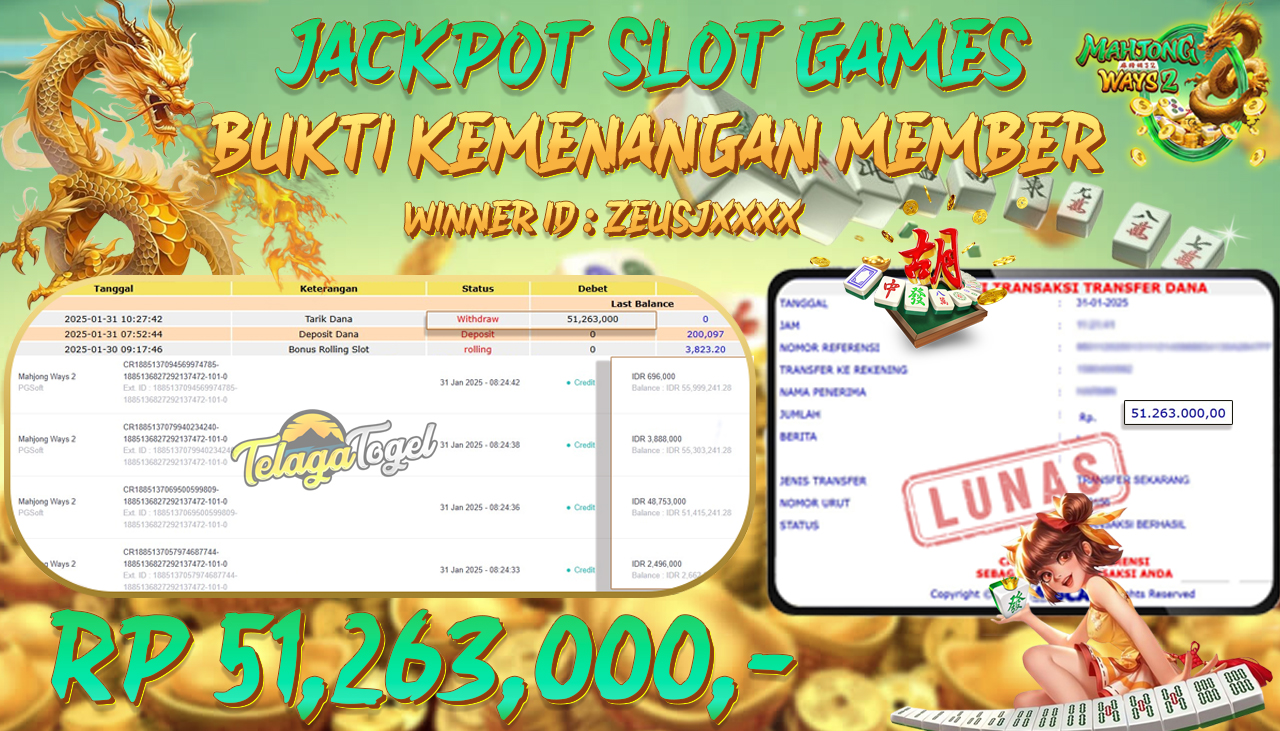 TELAGATOGEL JACKPOT SLOT MAHJONG WAYS 2 Rp 51,263,000,- LUNAS