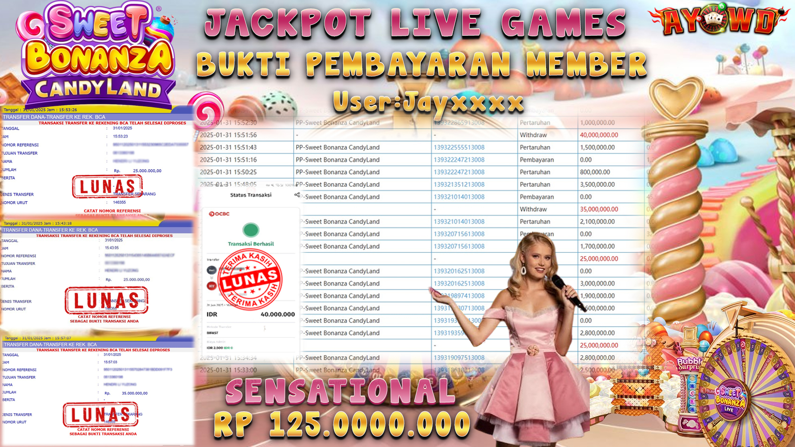 AYOWD JACKPOT LIVE GAMES PP-SWEET BONANZA CANDYLAND Rp 125,000,000 LUNAS