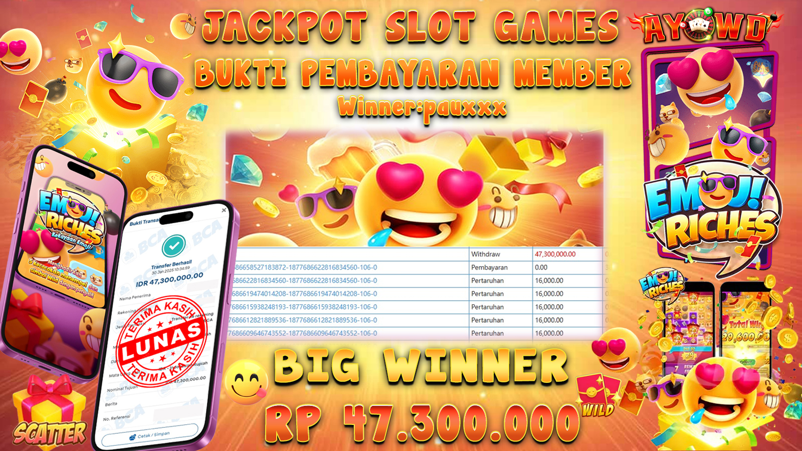 AYOWD JACKPOT SLOT GAMES PG-EMOJI RICHES Rp 47,300,000 LUNAS