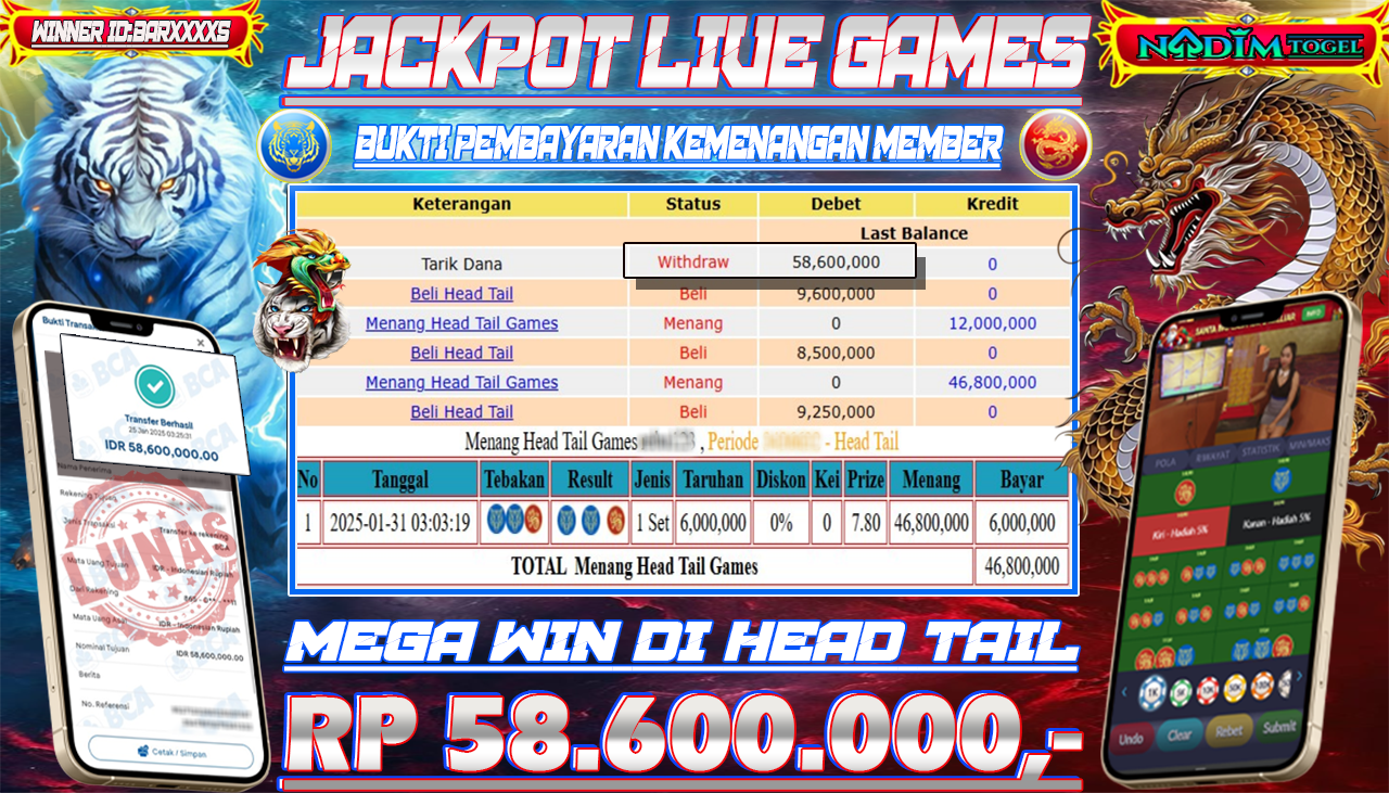 NADIMTOGEL JACKPOT LIVE GAMES HEAD TAIL Rp 58,600,000,- LUNAS