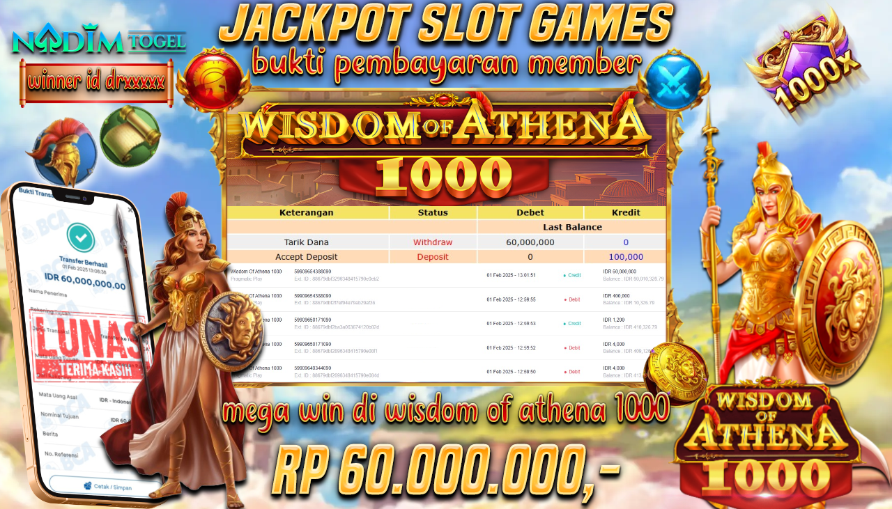NADIMTOGEL JACKPOT SLOT WISDOM OF ATHENA 1000 Rp.60.000.000,- LUNAS