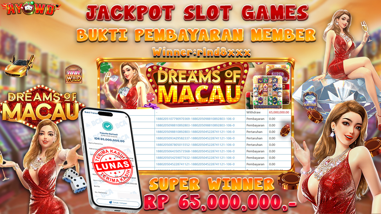 AYOWD JACKPOT SLOT GAMES PG-DREAMS OF MACAU Rp 56,000,000 LUNAS