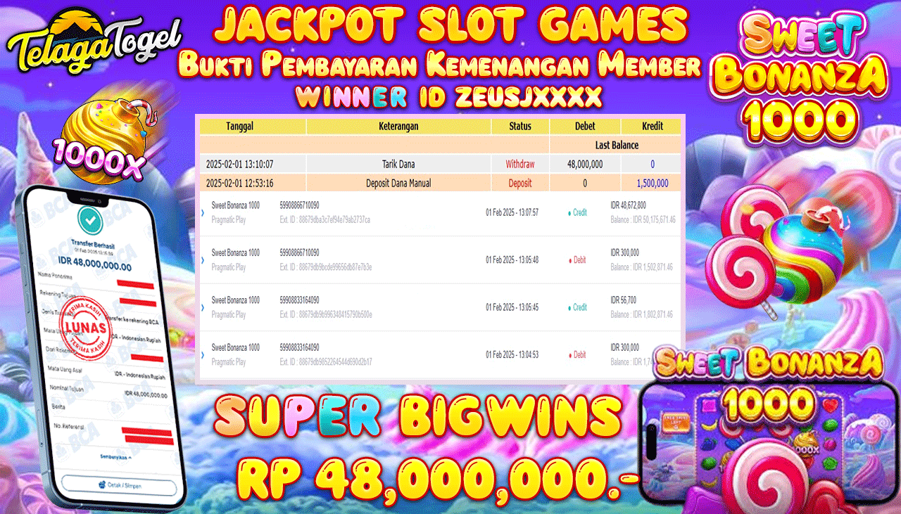 TELAGATOGEL JACKPOT SLOT SWEET BONANZA 1000 Rp 48,000,000,- LUNAS